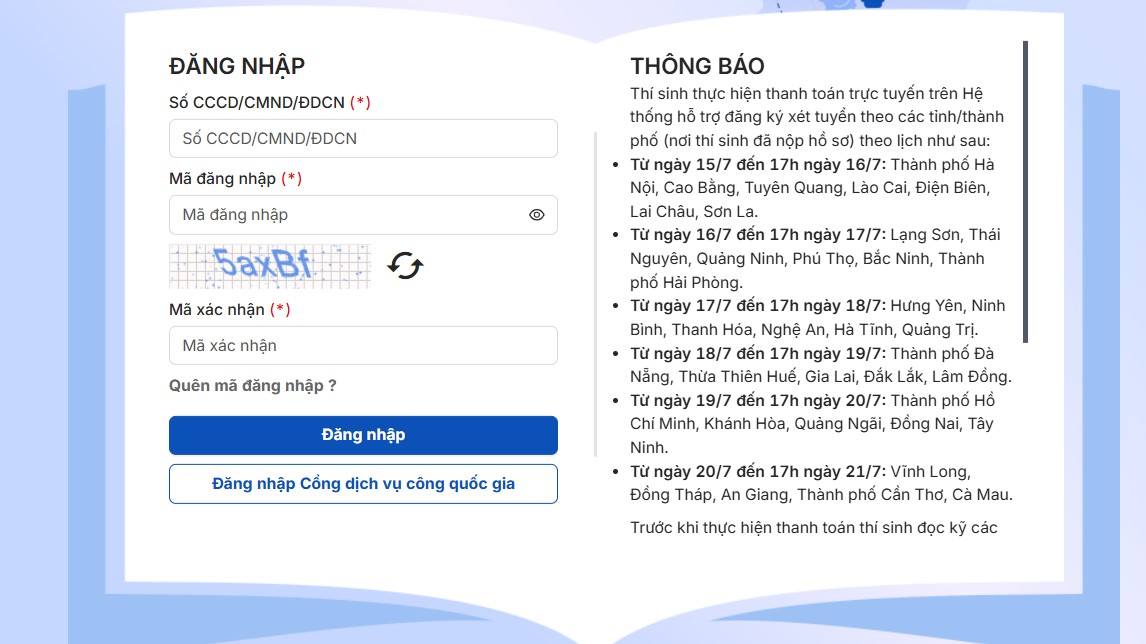 Lịch thanh toán lệ phí xét tuyển đại học năm 2026 theo từng tỉnh, thành phố