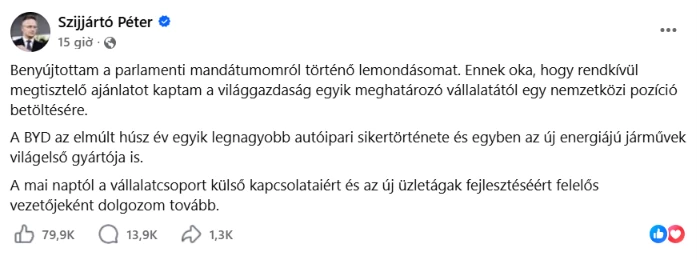 Bài đăng của cựu Ngoại trưởng Hungary Péter Szijjártó trên Facebook ngày 15/7. (Ảnh chụp màn hình) Bài đăng của cựu Ngoại trưởng Hungary Péter Szijjártó trên Facebook ngày 15/7. (Ảnh chụp màn hình)