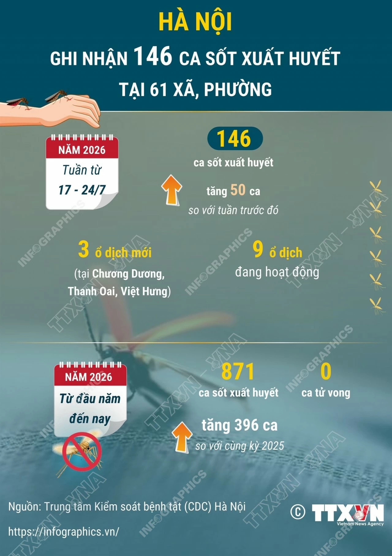 Số ca mắc sốt xuất huyết tại Hà Nội tiếp tục tăng trong tuần từ 17-24/7, đồng thời ghi nhận thêm 3 ổ dịch mới. (Nguồn: TTXVN)
