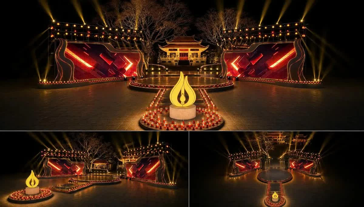 Hinh ảnh thiết kế sân khấu tại điểm cầu Công viên Lê Thị Riêng, thành phố Hồ Chí Minh. (Nguồn: VTV)