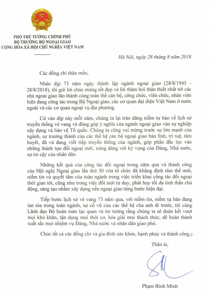 Thư chúc mừng 73 năm thành lập ngành Ngoại giao của Phó Thủ tướng, Bộ trưởng thu chuc mung 73 nam thanh lap nganh ngoai giao cua pho thu tuong bo truong