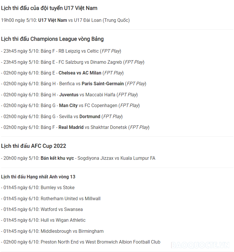 Lịch thi đấu bóng đá hôm nay 5/10 và rạng sáng 6/10