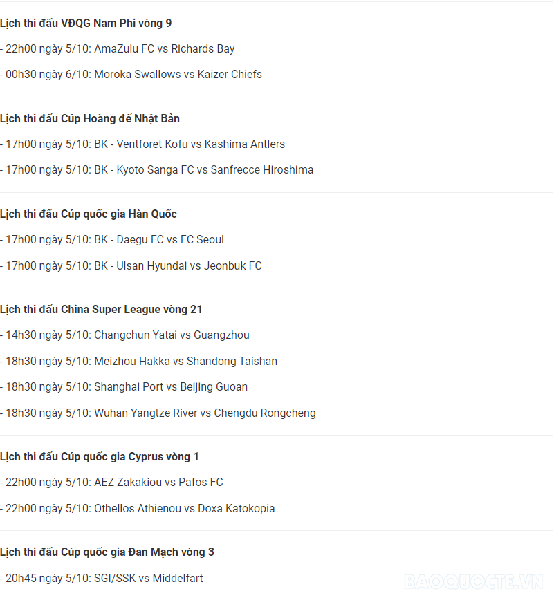 Lịch thi đấu bóng đá hôm nay 5/10 và rạng sáng 6/10
