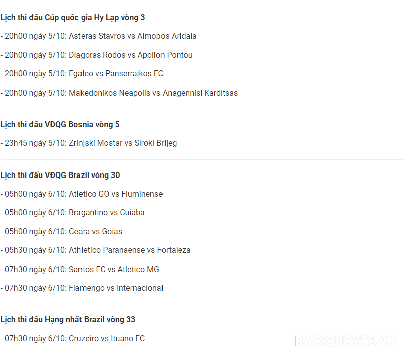 Lịch thi đấu bóng đá hôm nay 5/10 và rạng sáng 6/10