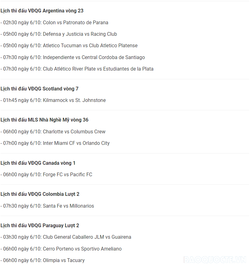 Lịch thi đấu bóng đá hôm nay 5/10 và rạng sáng 6/10