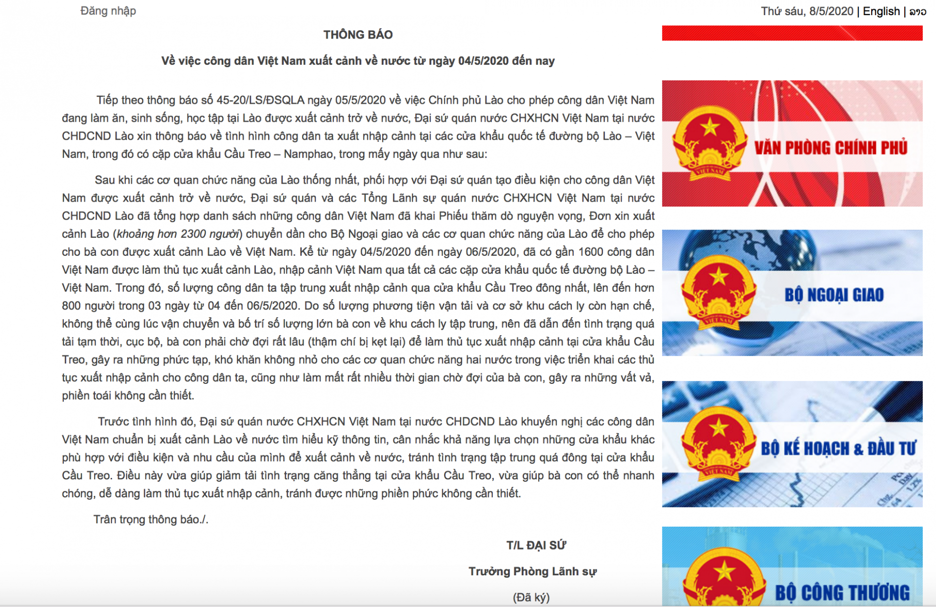 dich covid 19 dai su quan viet nam tai lao phoi hop dua gan 1600 cong dan ve nuoc