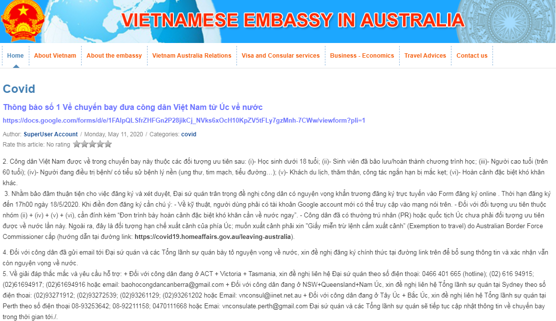 dich covid 19 thong bao so 1 cua dai su quan viet nam tai australia ve viec dua cong dan ve nuoc