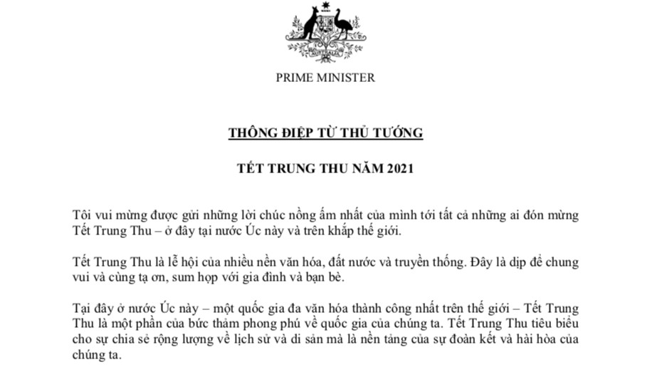 Thủ tướng Australia Scott Morrison gửi thư chúc mừng Tết Trung thu