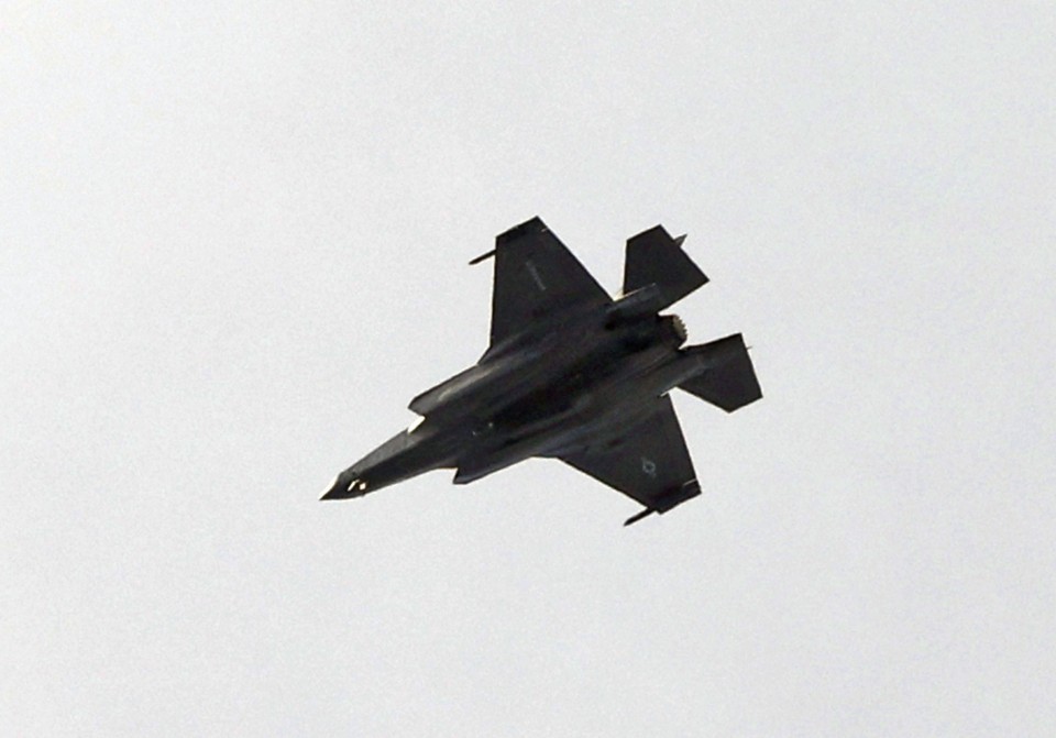 A U.S. Marine Corps F-35B stealth fighter jet participates in a joint amphibious exercise with the Japan Ground Self-Defense Force rapid deployment unit at the GSDF's Higashifuji training site near Mount Phu Si in Shizuoka Prefecture, central Japan, on March 23, 2022