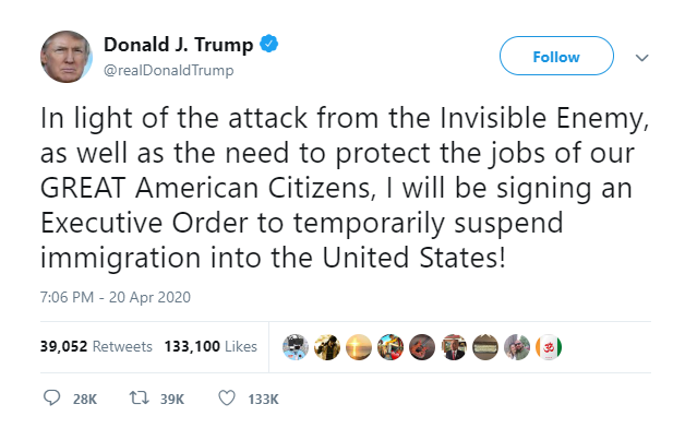 hon 42000 ca tu vong vi covid 19 tong thong trump se ky sac lenh tam dinh chi dong nguoi nhap cu my