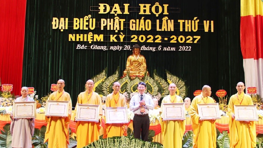 Giáo hội Phật giáo Việt Nam tỉnh Bắc Giang nhiệm kỳ 2022-2027: Đề phương châm 'Đạo pháp-Dân tộc-Chủ nghĩa xã hội'. (Nguồn: Báo Dân tộc&Phát triển)