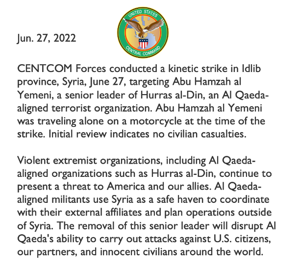 Mỹ bất ngờ không kích tỉnh miền Bắc Syria. (Nguồn: CENTCOM) Mỹ bất ngờ không kích tỉnh miền Bắc Syria. (Nguồn: CENTCOM)