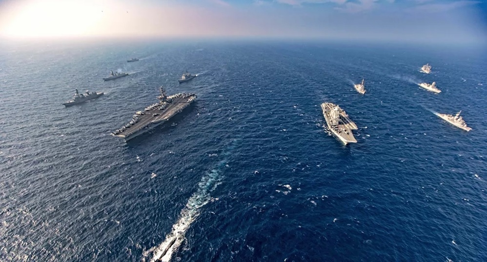 Các tàu chiến của Hải quân 4 nước Bộ tứ tiến vào biển Bắc Arab tham gia cuộc tập trận Malabar 2020 giai đoạn 2 ngày 17/11/2020. (Nguồn: AP)
