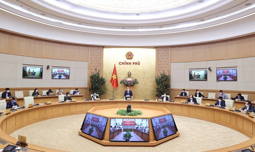 Toàn cảnh cuộc họp Thường trực Chính phủ với Ban Chỉ đạo quốc gia phòng chống Covid-19 chiều 15/2. (Nguồn: TTXVN)