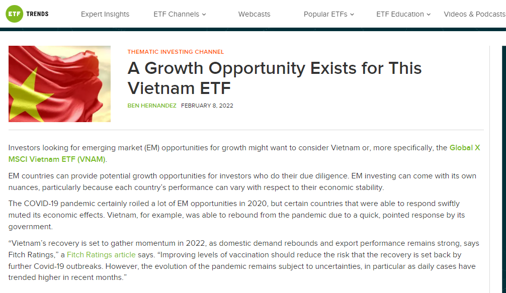 Trang ETF Trends của Mỹ nhấn mạnh, Việt Nam - Điểm đến đầy hứa hẹn với các nhà đầu tư. (Ảnh chụp màn hình)