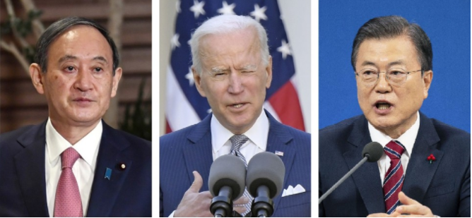Từ trái sang phải: Thủ tướng Nhật Bản Suga Yoshihide, Tổng thống Mỹ Joe Biden và Tổng thống Hàn Quốc Moon Jae In. (Nguồn: Kyodo)