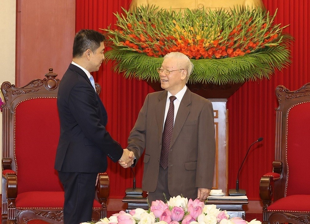 Chiều 20/5/2022, tại Trụ sở Trung ương Đảng, Tổng Bí thư Nguyễn Phú Trọng tiếp Chủ tịch Quốc hội Singapore Tan Chuan-Jin thăm chính thức Việt Nam. (Nguồn: TTXVN)
