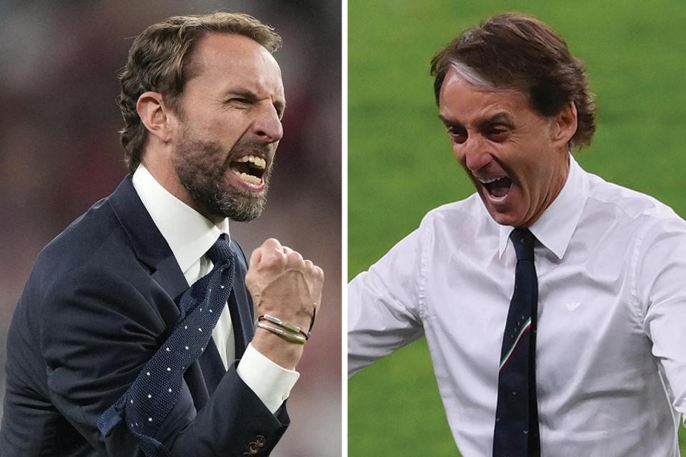 HLV Gareth Southgate (trái) và HLV Roberto Mancini. (Nguồn: AFP