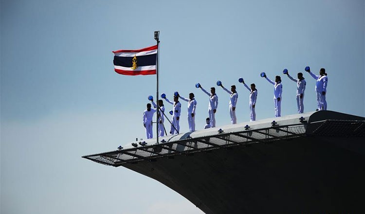 Tàu chiến của Hải quân Hoàng gia Thái Lan, HTMS Rattanakosin FS-441, đã cập cảng Sihanoukville, tỉnh Preah Sihanoukville, Campuchia vào sáng ngày 5/7. (Nguồn: Tân Hoa xã)