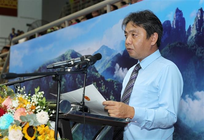 Thứ trưởng Bộ Văn hoá, Thể thao và Du lịch Hoàng Đạo Cương phát biểu khai mạc hội thi. (Nguồn: TTXVN)