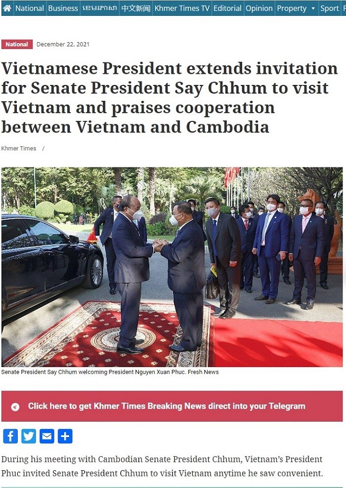 Báo Campuchia đưa tin đậm nét về chuyến thăm của Chủ tịch nước Nguyễn Xuân Phúc tới Campuchia. (Ảnh chụp màn hình)