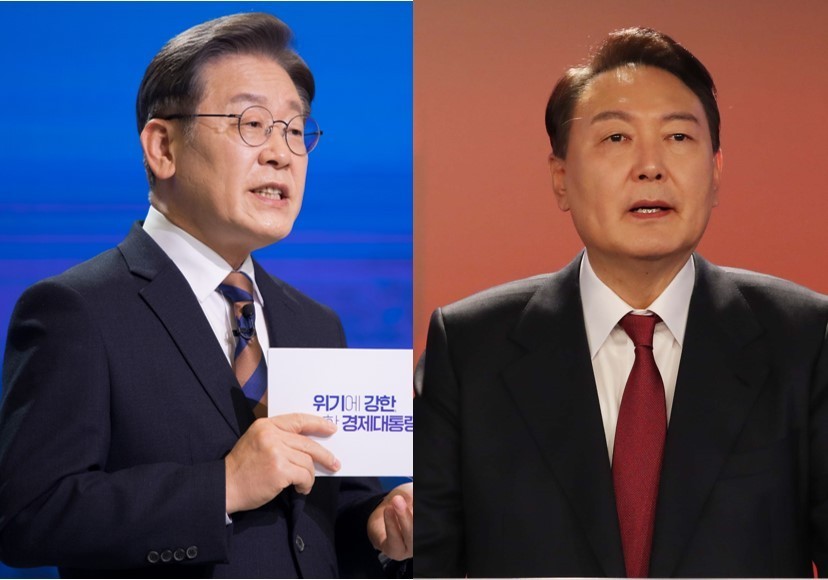 Hai ứng viên tham gia cuộc bầu cử Tổng thống Hàn Quốc, ông Lee Jae-myung (trái) và Yoon Suk-yeol. (Nguồn: Yonhap)
