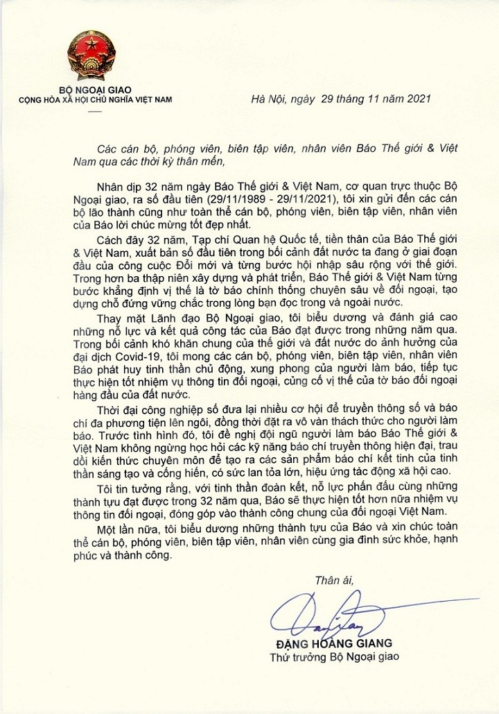Thứ trưởng Ngoại giao Đặng Hoàng Giang gửi thư chúc mừng 32 năm ngày Báo Thế giới & Việt Nam ra số đầu tiên