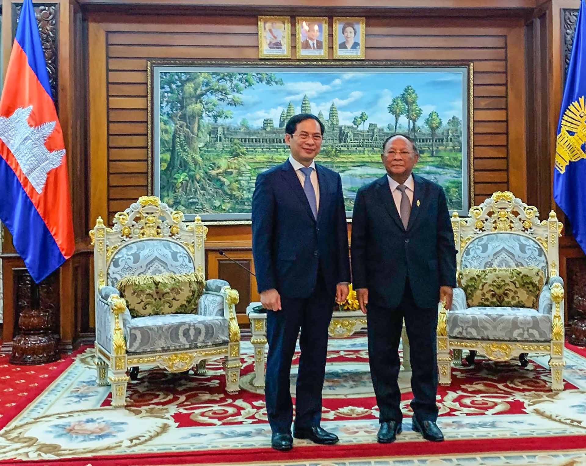 Bộ trưởng Ngoại giao Bùi Thanh Sơn chào xã giao Chủ tịch Quốc hội Campuchia Samdech Heng Samrin.