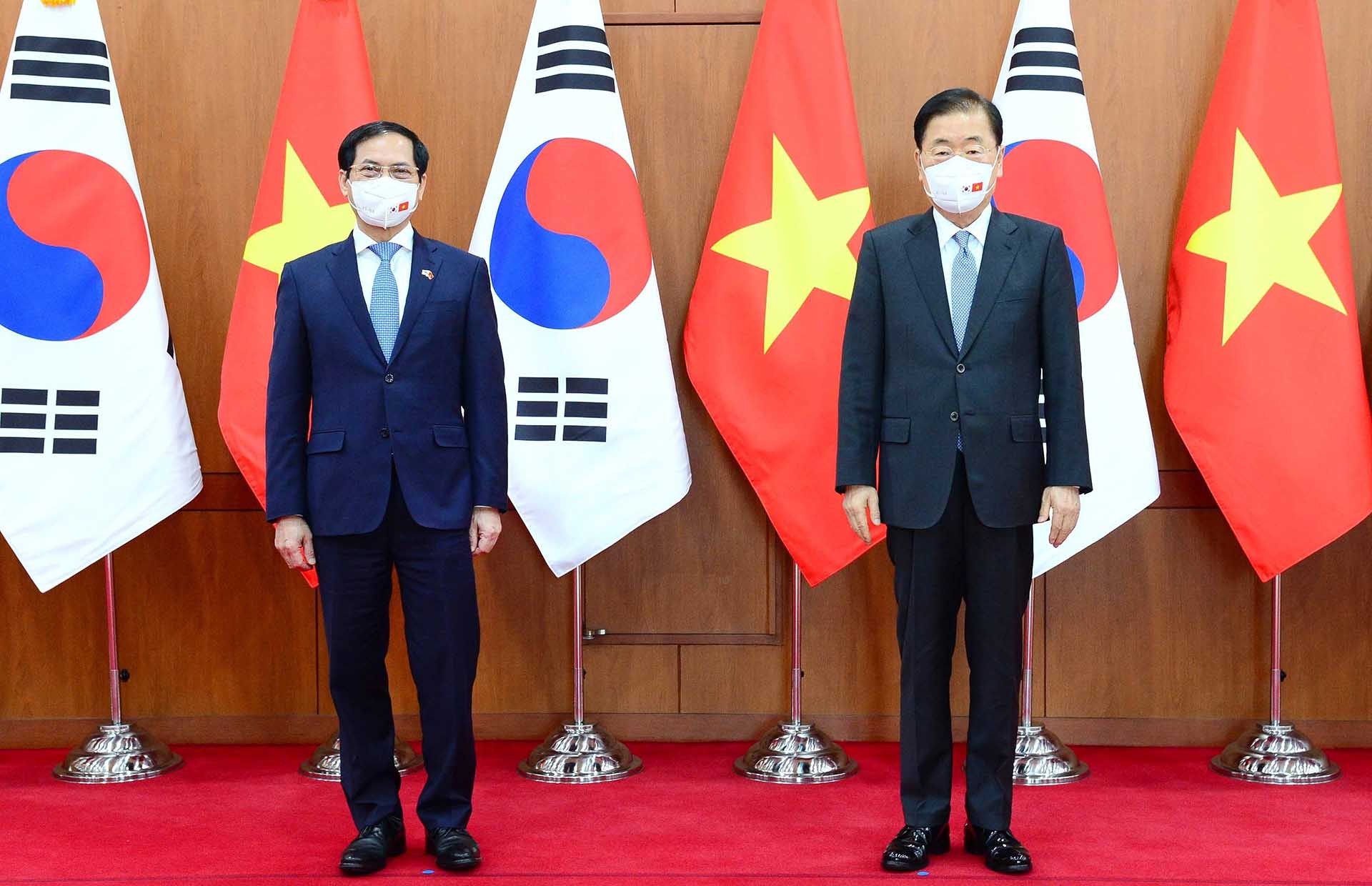 Bộ trưởng Ngoại giao Bùi Thanh Sơn và Bộ trưởng Ngoại giao Hàn Quốc Chung Eui-yong chụp ảnh chung. (Nguồn: TTXVN)