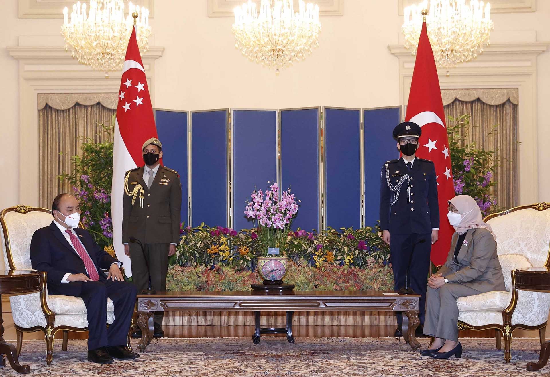 Chủ tịch nước Nguyễn Xuân Phúc hội đàm với Tổng thống Cộng hòa Singapore Halimah Yacob. (Nguồn: TTXVN)
