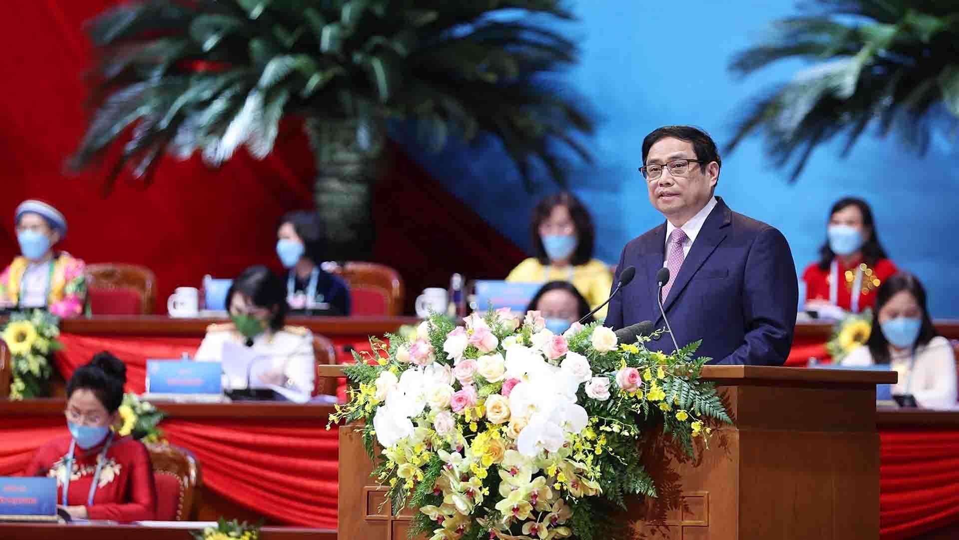 Thủ tướng Phạm Minh Chính phát biểu tại Đại hội Đại biểu Phụ nữ Toàn quốc lần thứ XIII. (Nguồn: TTXVN)