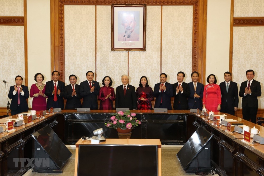 Tổng Bí thư Nguyễn Phú Trọng, Thủ tướng Phạm Minh Chính, Thường trực Ban Bí thư Võ Văn Thưởng và các đại biểu dự buổi lễ. (Ảnh: Trí Dũng/TTXVN)