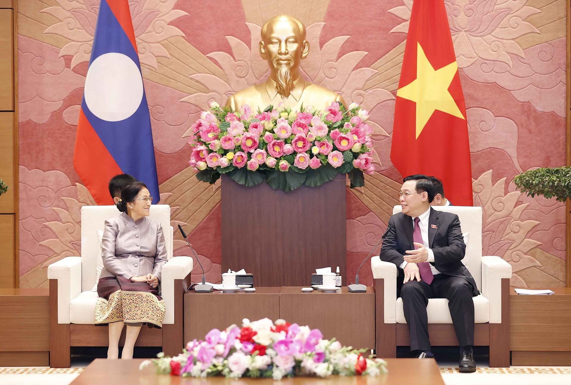 Chủ tịch Quốc hội Vương Đình Huệ tiếp Phó Chủ tịch nước CHDCND Lào Pany Yathotou. (Nguồn: TTXVN)