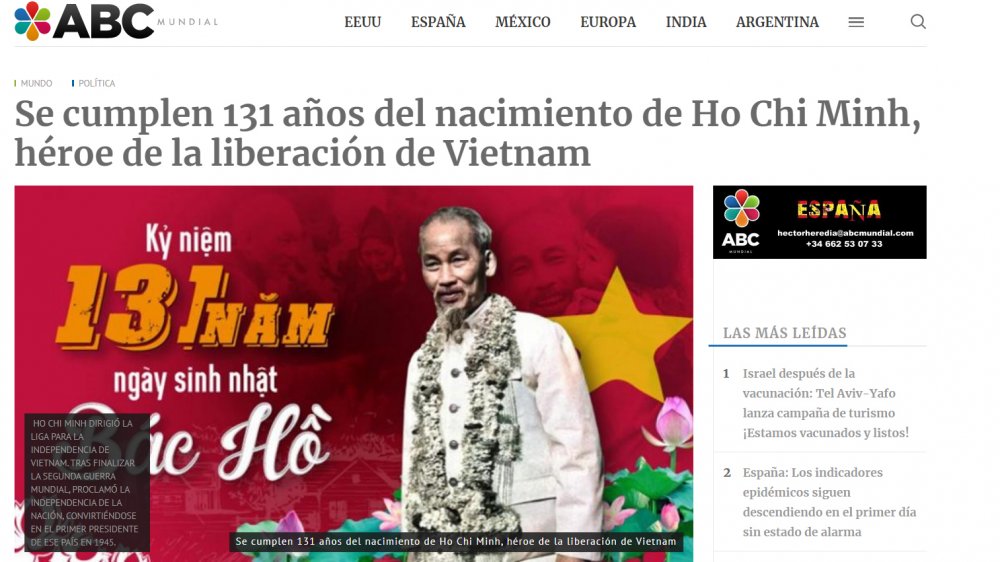 Ảnh chụp màn hình bài viết vể Chủ tịch Hồ Chí Minh trên trangABC Mundial.