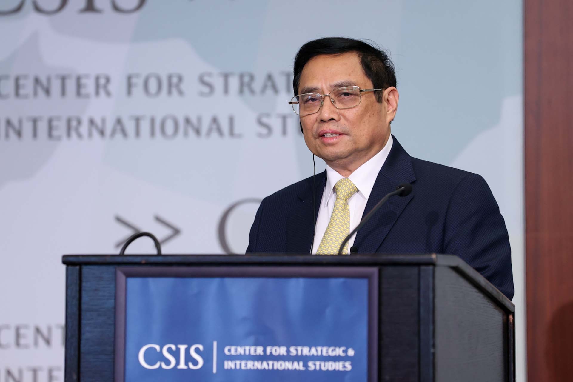 Thủ tướng Phạm Minh Chính phát biểu tại Trung tâm nghiên cứu Chiến lược và Quốc tế Hoa Kỳ (CSIS). (Nguồn: VGP)