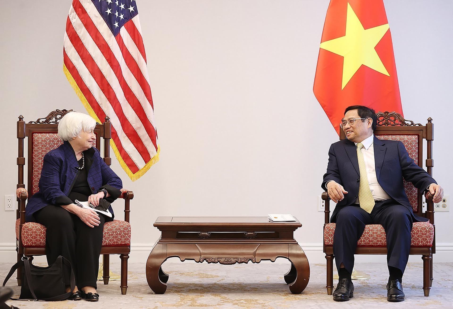 Thủ tướng Phạm Minh Chính tiếp bà Janet Yellen, Bộ trưởng Tài chính Hoa Kỳ. (Nguồn: TTXVN) Thủ tướng Phạm Minh Chính tiếp bà Janet Yellen, Bộ trưởng Tài chính Hoa Kỳ. (Nguồn: TTXVN)