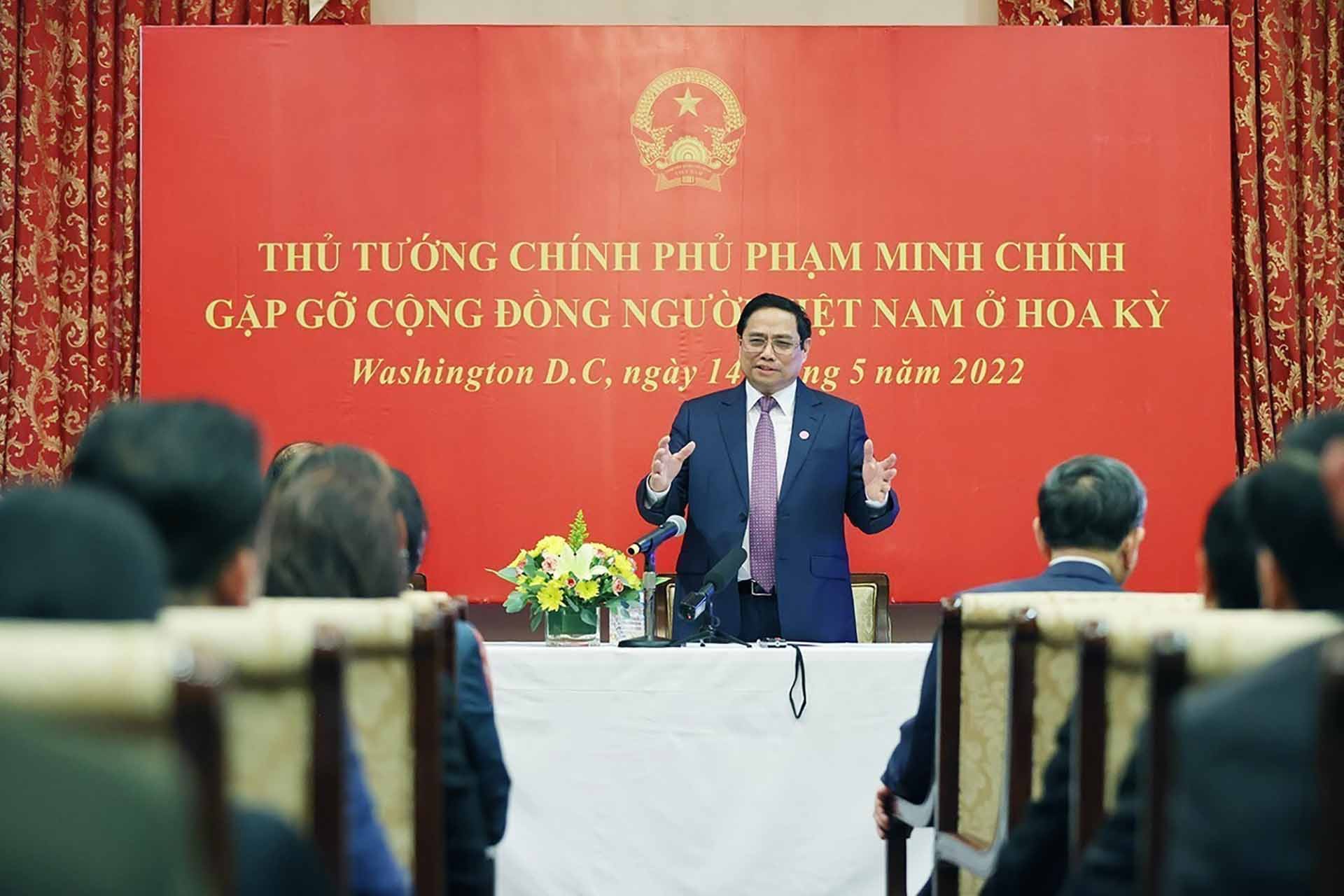 Thủ tướng Phạm Minh Chính phát biểu tại buổi gặp gỡ đại diện cộng đồng người Việt Nam tại Hoa Kỳ. (Nguồn: TTXVN)