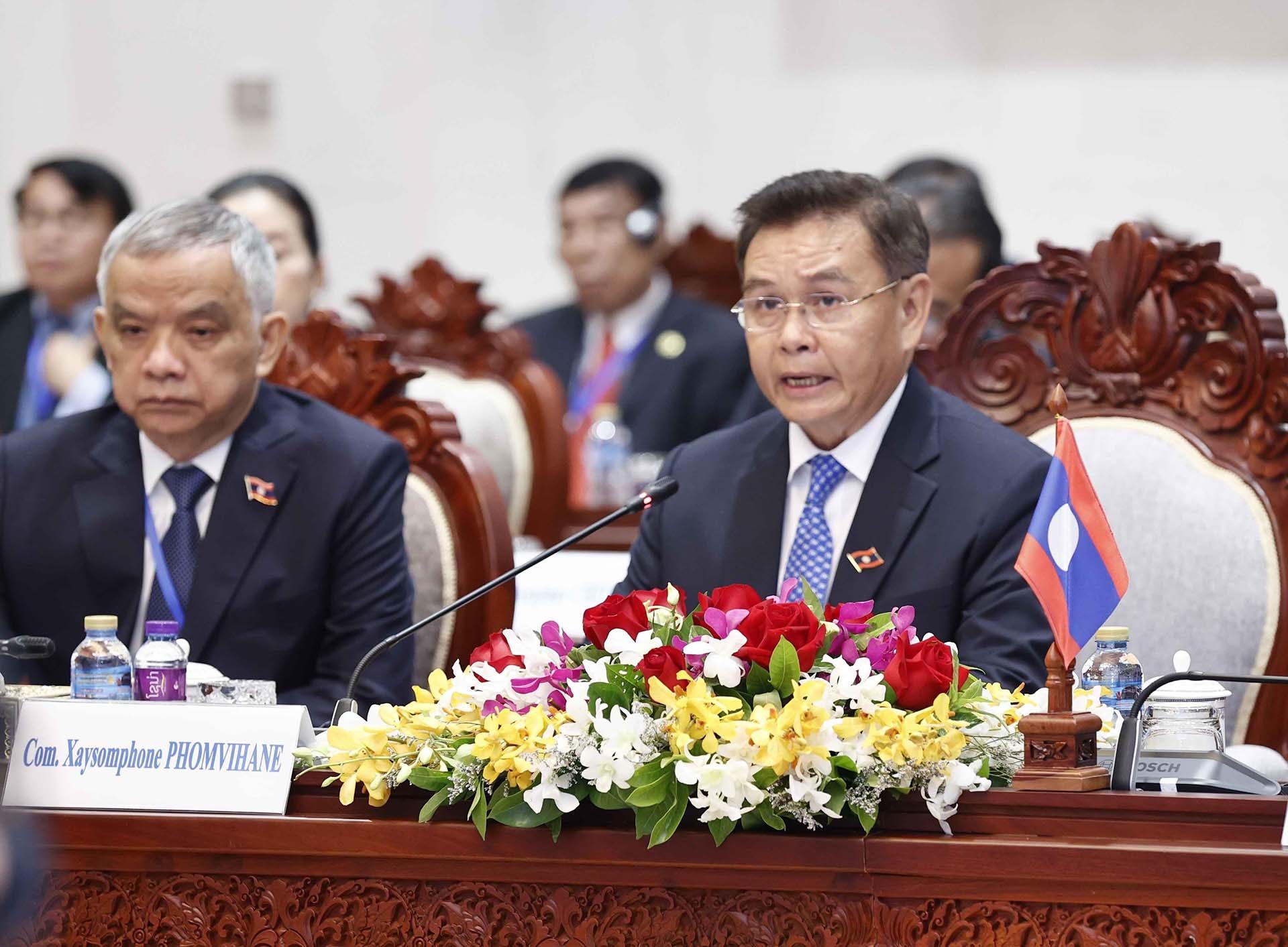 Chủ tịch Quốc hội Lào Saysomphone Phomvihane phát biểu. (Nguồn: TTXVN)