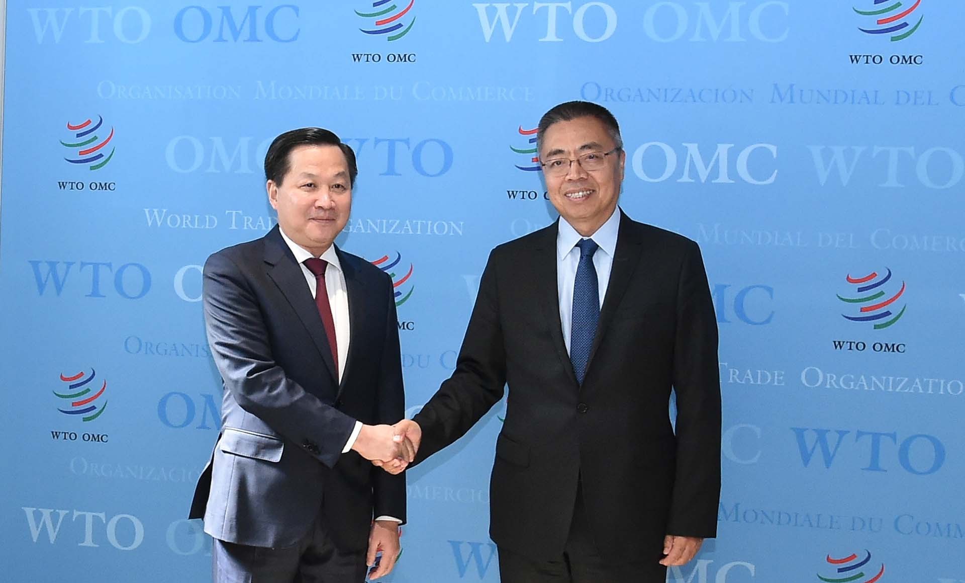 Phó Thủ tướng Lê Minh Khái và Phó Tổng giám đốc WTO Trương Hướng Thần.  (Nguồn: VGP)