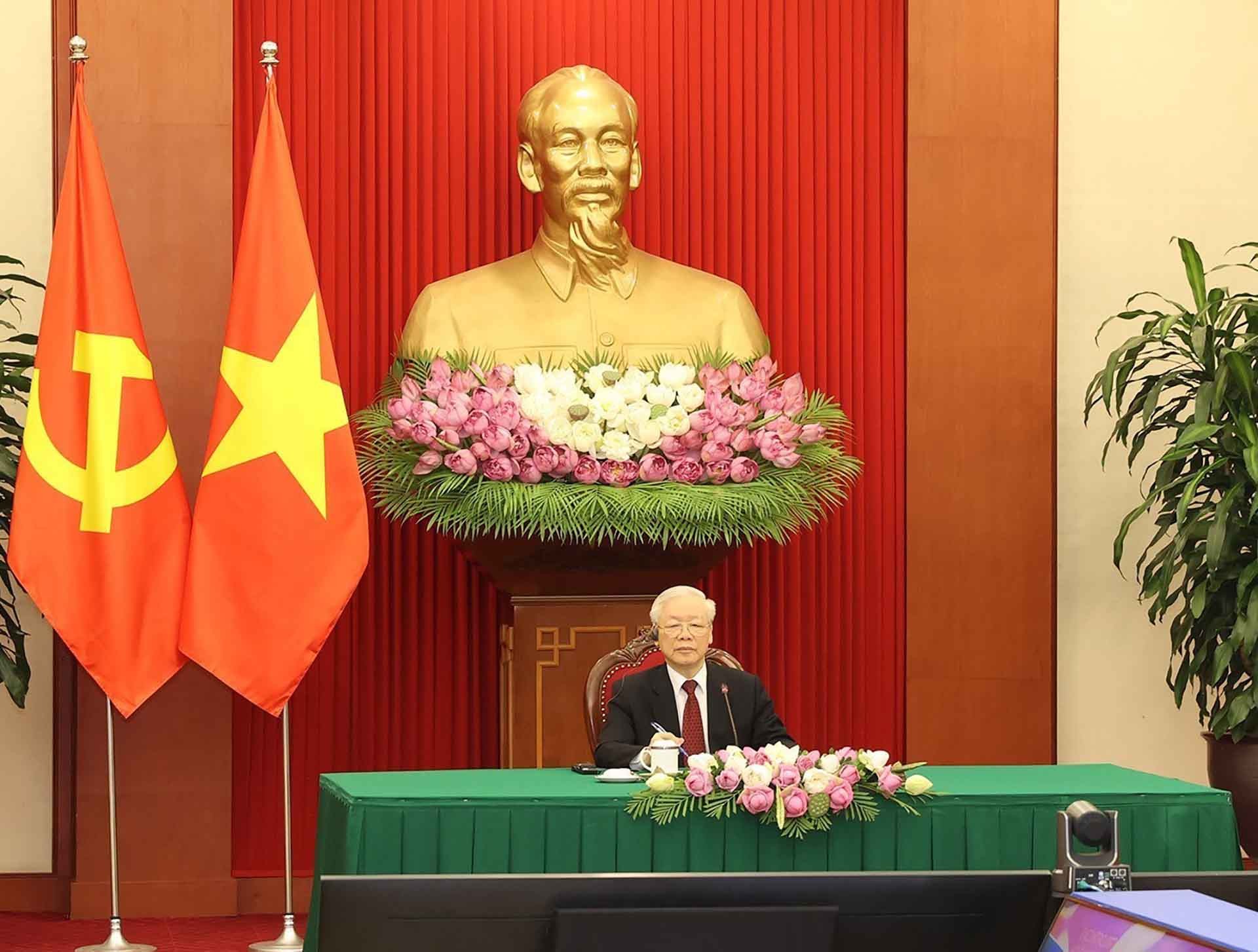 Tổng Bí thư Nguyễn Phú Trọng hội đàm trực tuyến với Chủ tịch Đảng Mặt trận Giải phóng Mozambique (FRELIMO), Tổng thống Mozambique Filipe Jacinto Nyusi. (Nguồn: TTXVN) Tổng Bí thư Nguyễn Phú Trọng hội đàm trực tuyến với Chủ tịch Đảng Mặt trận Giải phóng Mozambique (FRELIMO), Tổng thống Mozambique Filipe Jacinto Nyusi. (Nguồn: TTXVN)