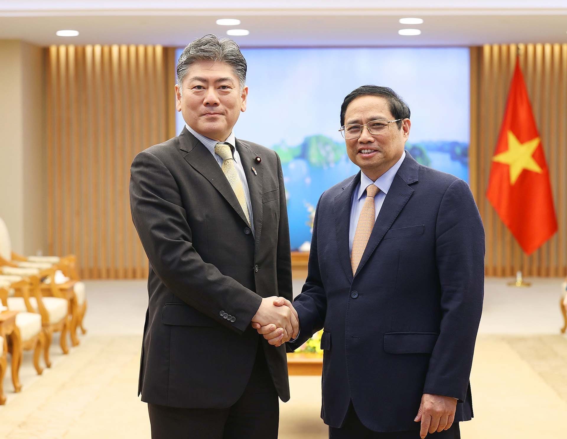 Thủ tướng Phạm Minh Chính tiếp Bộ trưởng Tư pháp Nhật Bản Furukawa Yoshihisa. (Nguồn: TTXVN)