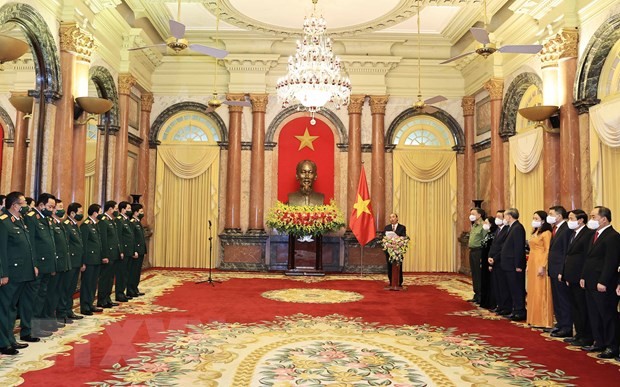 Chủ tịch nước Nguyễn Xuân Phúc phát biểu tại buổi trao quyết định. (Nguồn: TXVN)