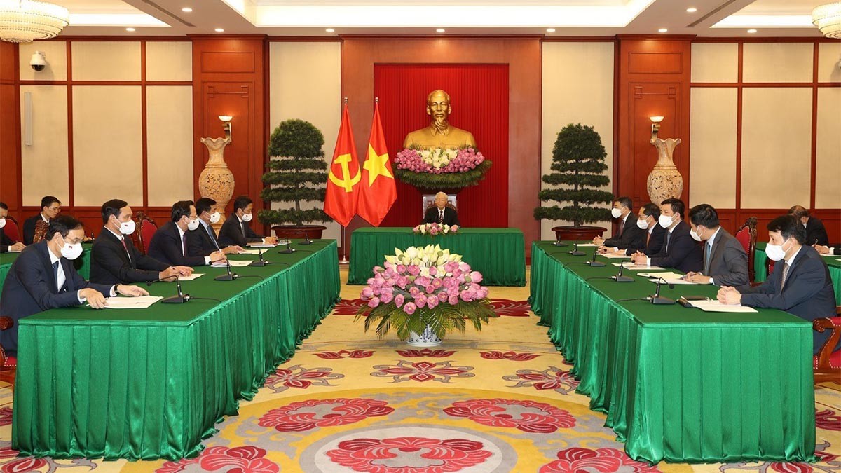 Tổng Bí thư Nguyễn Phú Trọng điện đàm với Tổng thống Hàn Quốc Moon Jae-in. (Nguồn: TTXVN)