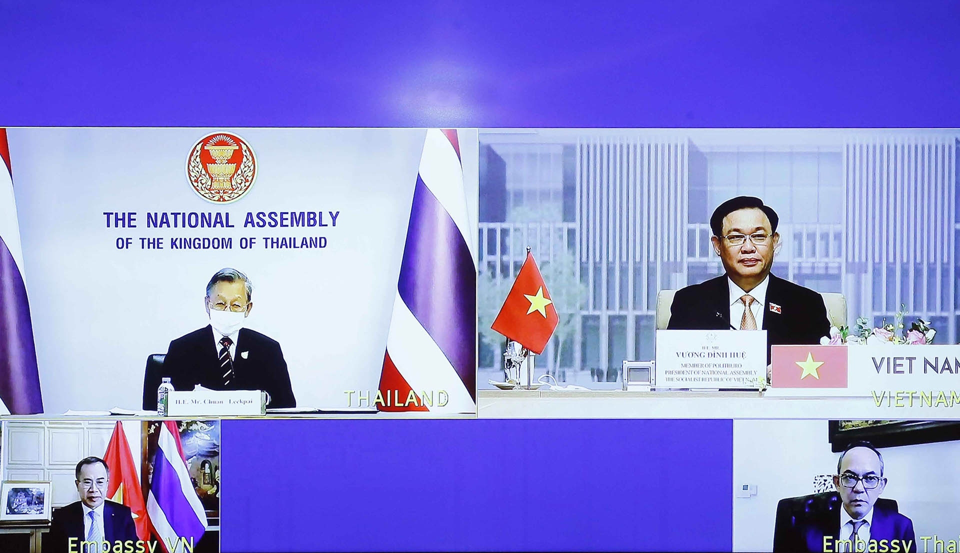 Chủ tịch Quốc hội cảm ơn Thái Lan đã tặng Việt Nam vật tư y tế phòng dịch Covid-19, tạo điều kiện thuận lợi cho việc xuất khẩu vaccine AstraZeneca sản xuất tại Thái Lan sang Việt Nam; mong muốn hai bên tiếp tục tăng cường hợp tác ứng phó với đại dịch. (Nguồn: TTXVN) Chủ tịch Quốc hội cảm ơn Thái Lan đã tặng Việt Nam vật tư y tế phòng dịch Covid-19, tạo điều kiện thuận lợi cho việc xuất khẩu vaccine AstraZeneca sản xuất tại Thái Lan sang Việt Nam; mong muốn hai bên tiếp tục tăng cường hợp tác ứng phó với đại dịch.