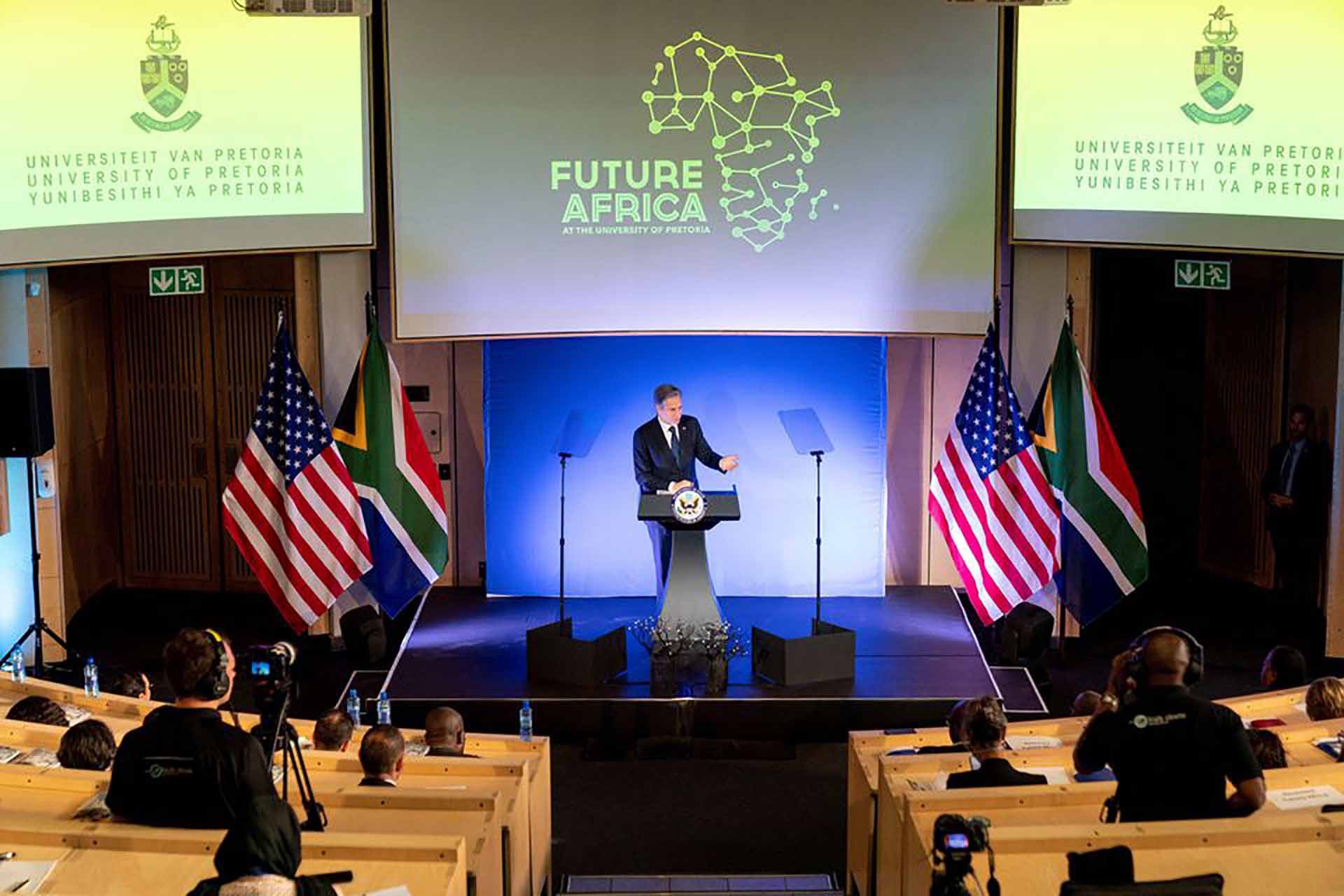 Ngoại trưởng Mỹ Antony Blinken tại trường Đại học Tổng hợp Pretoria, Nam Phi. (Nguồn: Reuters)