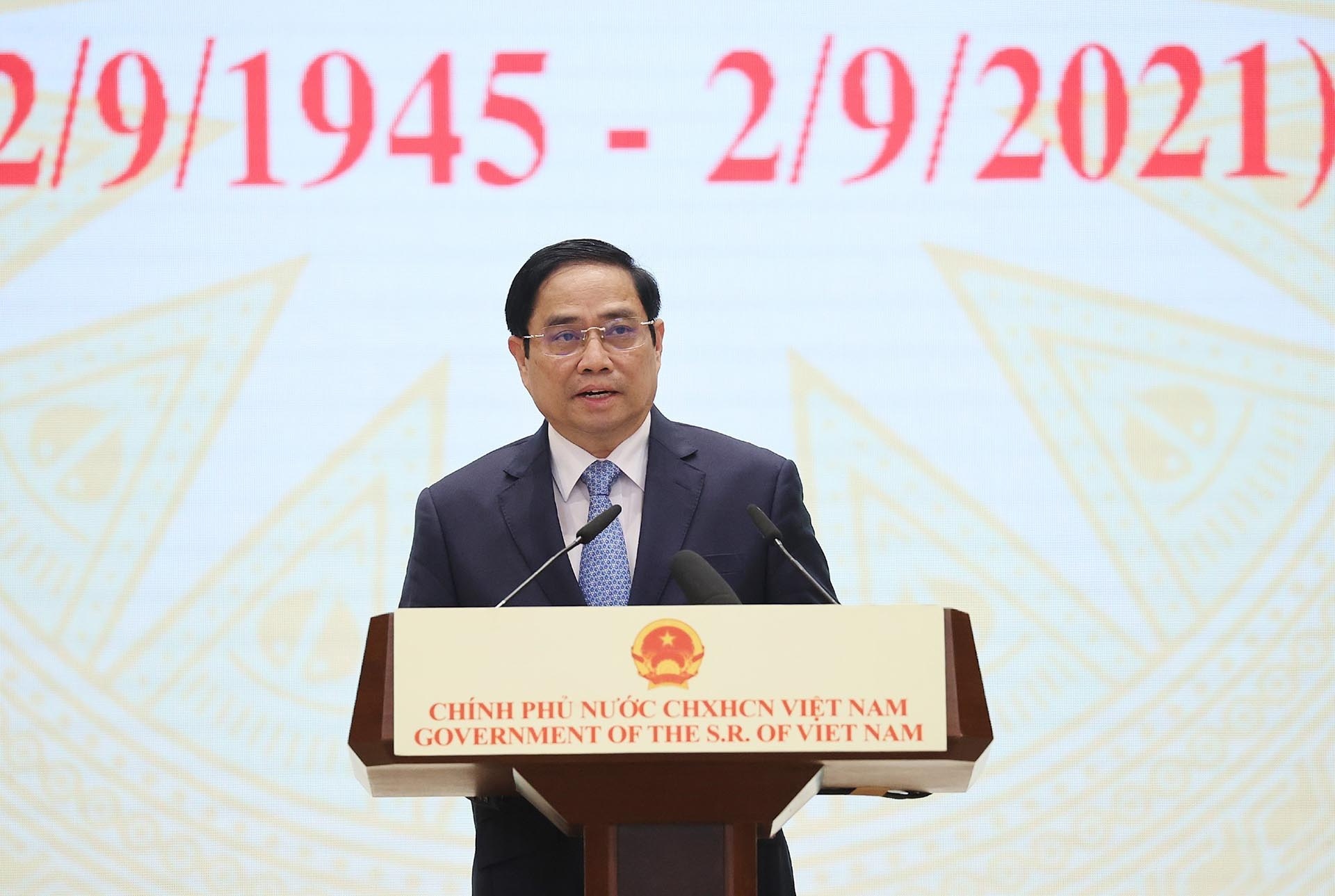Thủ tướng Phạm Minh Chính đọc diễn văn tại lễ kỷ niệm. (Nguồn: TTXVN)