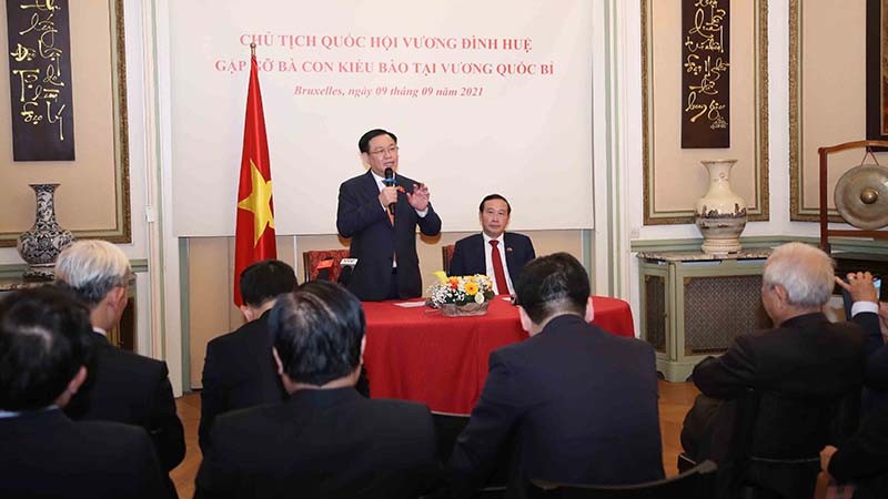 Chủ tịch Quốc hội Vương Đình Huệ phát biểu tại cuộc gặp đại diện cộng đồng người Việt Nam tại Bỉ. (Nguồn: TTXVN)
