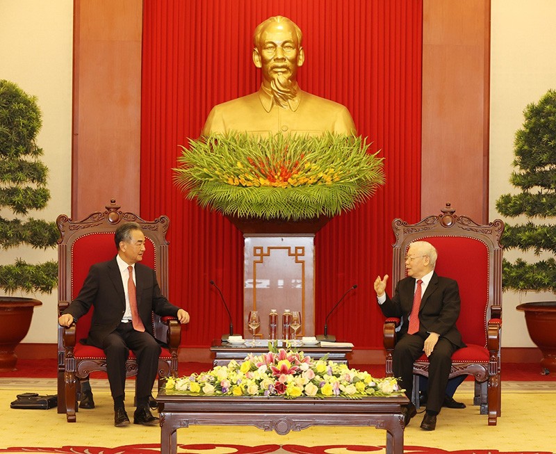 Tổng Bí thư Nguyễn Phú Trọng tiếp Ủy viên Quốc vụ, Bộ trưởng Ngoại giao Trung Quốc Vương Nghị thăm chính thức Việt Nam và dự Phiên họp lần thứ 13 Ủy ban Chỉ đạo hợp tác song phương Việt Nam-Trung Quốc. (Nguồn: TTXVN)