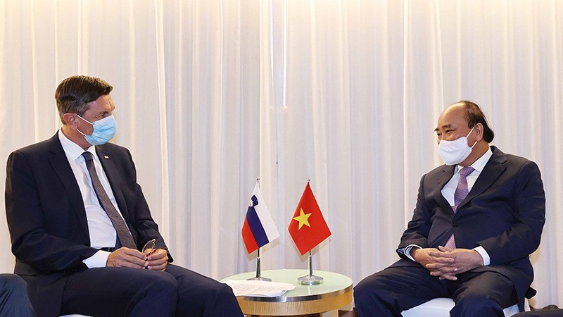 Chủ tịch nước Nguyễn Xuân Phúc gặp Tổng thống Slovenia Borut Pahor. (Nguồn: TTXVN)