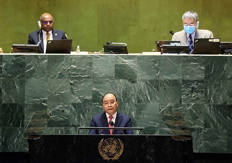 Chủ tịch nước Nguyễn Xuân Phúc phát biểu tại Phiên thảo luận Cấp cao Đại hội đồng Liên hợp quốc lần thứ 76. (Nguồn:  TTXVN)
